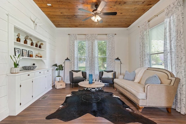 724 N Old Robinson Rd, Robinson, TX 76706 - sitting room featuring wooden ceiling, plenty of natural light, ceiling fan, dark wood-style floors, and ornamental molding