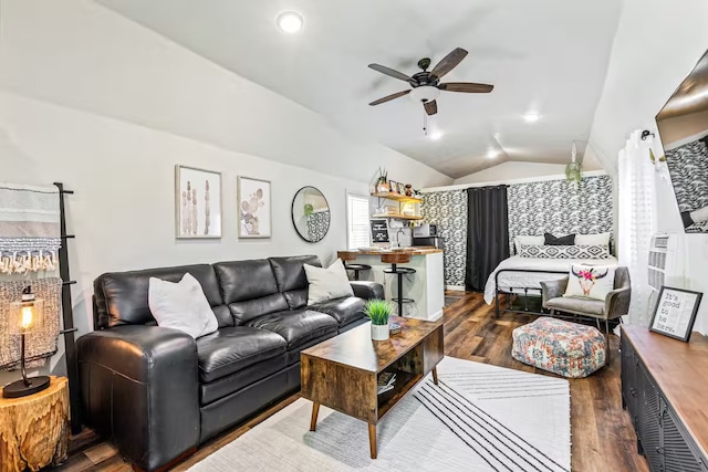 724 N Old Robinson Rd, Robinson, TX 76706 - living room featuring lofted ceiling, ceiling fan, and dark wood-style floors