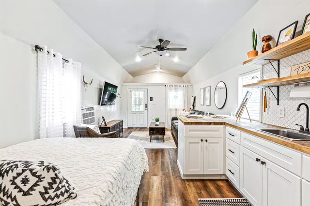 724 N Old Robinson Rd, Robinson, TX 76706 - bedroom featuring a sink, dark wood-style flooring, and lofted ceiling