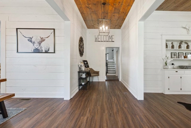 724 N Old Robinson Rd, Robinson, TX 76706 - corridor featuring stairs, dark wood-style flooring, a chandelier, baseboards, and wood ceiling