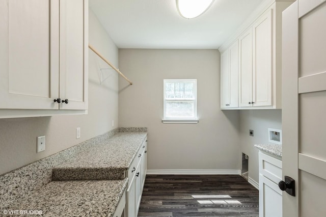 344 Whispering Oaks Trl, Sunset, TX 76270 - laundry room featuring hookup for an electric dryer, cabinet space, dark wood-type flooring, hookup for a washing machine, and baseboards