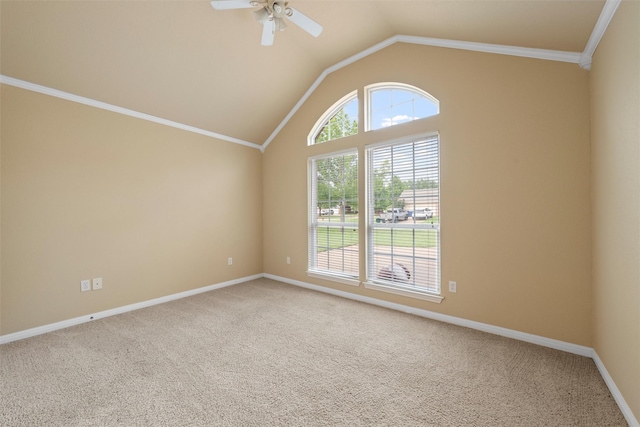 608 Shoal Rdg S, Lorena, TX 76655 - carpeted spare room featuring vaulted ceiling, a ceiling fan, baseboards, and ornamental molding