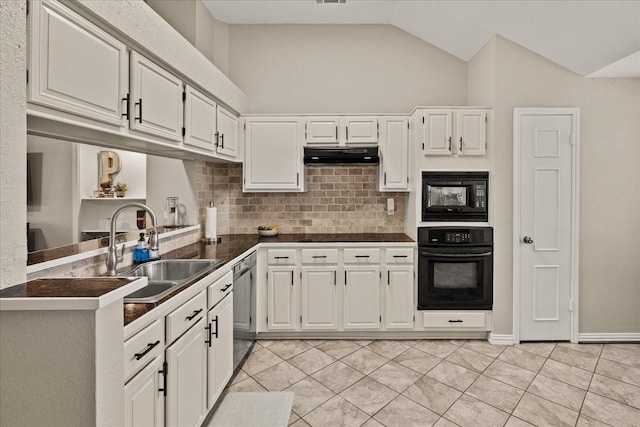 3507 Jasmine Ln, Rowlett, TX 75089 - kitchen with black appliances, a sink, dark countertops, under cabinet range hood, and decorative backsplash