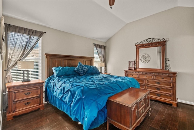 3507 Jasmine Ln, Rowlett, TX 75089 - bedroom featuring lofted ceiling, dark wood-style flooring, and a ceiling fan