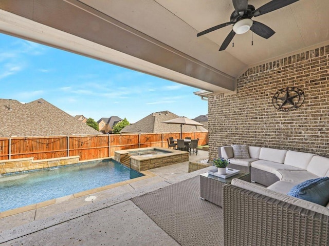 2812 Castlereach St, Trophy Club, TX 76262 - view of patio / terrace with an outdoor living space, a fenced backyard, a ceiling fan, and a pool with connected hot tub