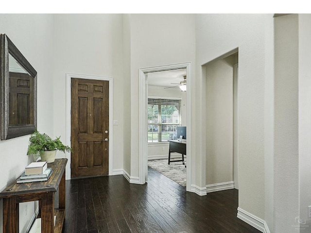 2812 Castlereach St, Trophy Club, TX 76262 - foyer entrance with wood finished floors, baseboards, a ceiling fan, and a towering ceiling