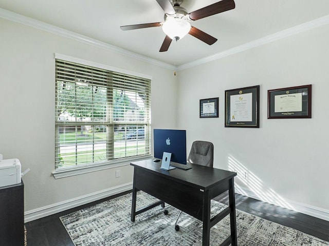 2812 Castlereach St, Trophy Club, TX 76262 - office area with dark wood-type flooring, baseboards, crown molding, and a ceiling fan