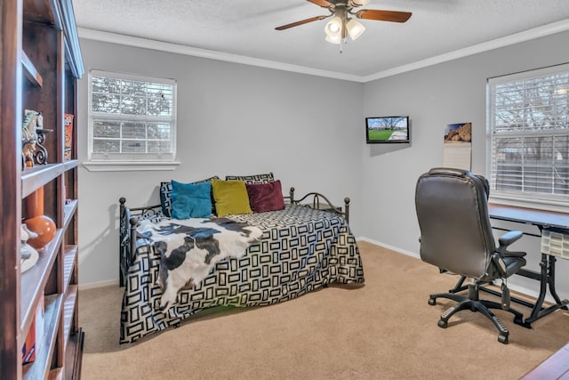 836 Silver Creek Rd, Azle, TX 76020 - carpeted bedroom featuring crown molding, baseboards, a ceiling fan, and a textured ceiling