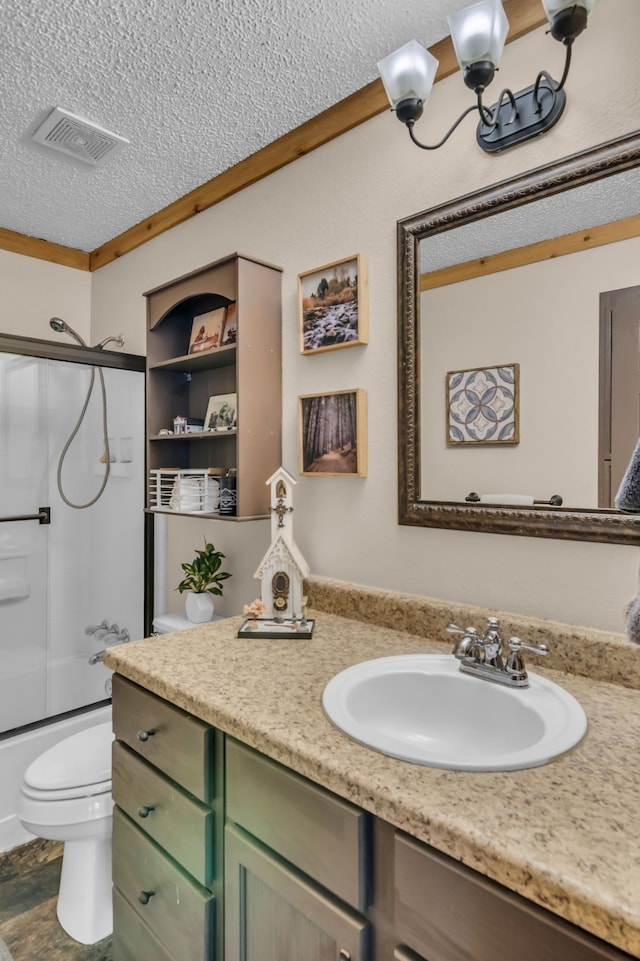 836 Silver Creek Rd, Azle, TX 76020 - full bathroom with a textured ceiling, vanity, toilet, and enclosed tub / shower combo