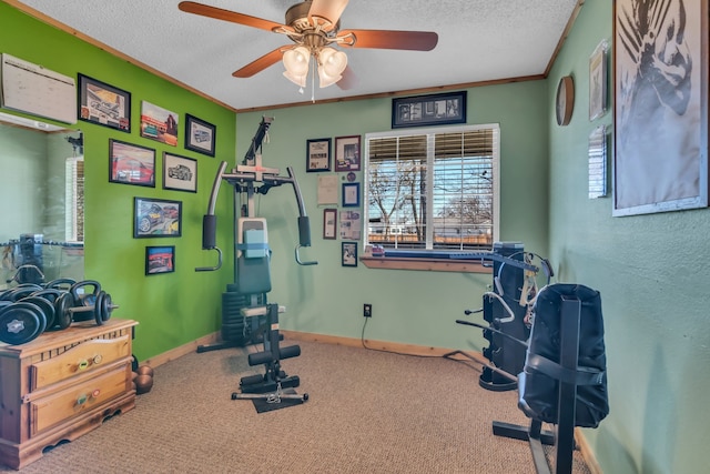 836 Silver Creek Rd, Azle, TX 76020 - exercise room with a textured ceiling, a ceiling fan, baseboards, carpet, and crown molding