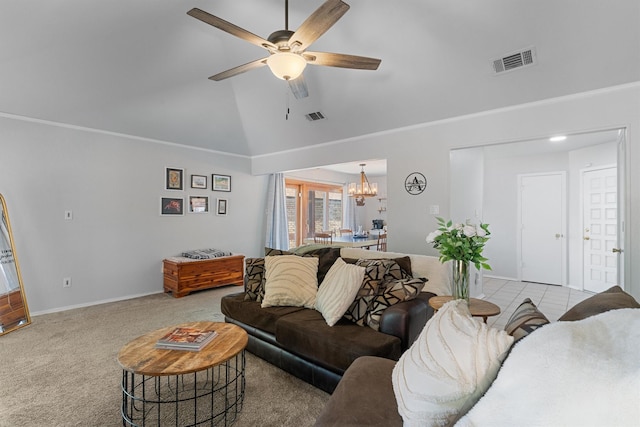 3410 Country Club Pl, Grand Prairie, TX 75052 - carpeted living room with a ceiling fan, a chandelier, baseboards, and high vaulted ceiling