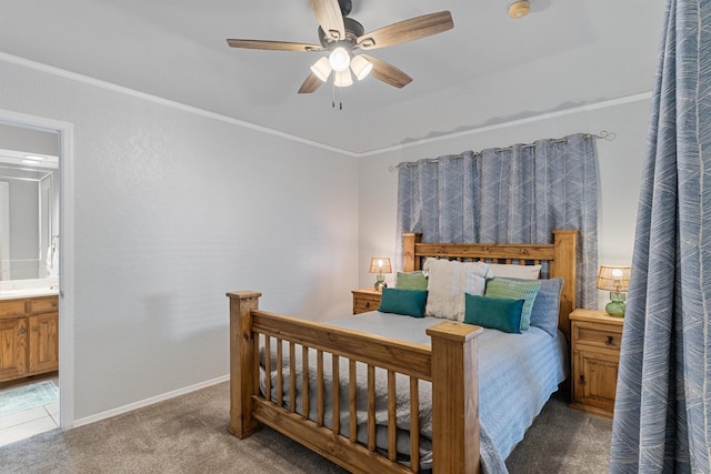 3410 Country Club Pl, Grand Prairie, TX 75052 - carpeted bedroom with connected bathroom, a ceiling fan, baseboards, and ornamental molding