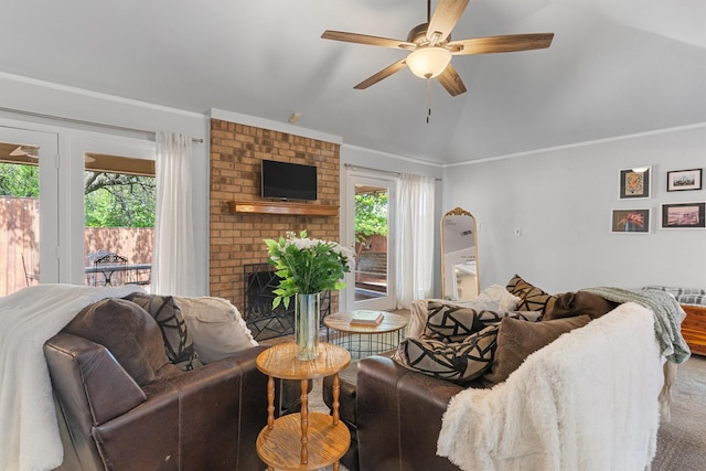 3410 Country Club Pl, Grand Prairie, TX 75052 - living room featuring vaulted ceiling, a ceiling fan, crown molding, and a fireplace
