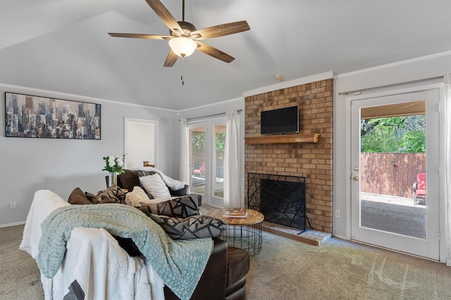 3410 Country Club Pl, Grand Prairie, TX 75052 - carpeted living area featuring lofted ceiling, plenty of natural light, a ceiling fan, a brick fireplace, and baseboards