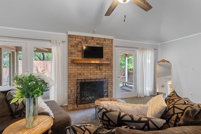 3410 Country Club Pl, Grand Prairie, TX 75052 - living area featuring carpet, ceiling fan, a brick fireplace, and lofted ceiling