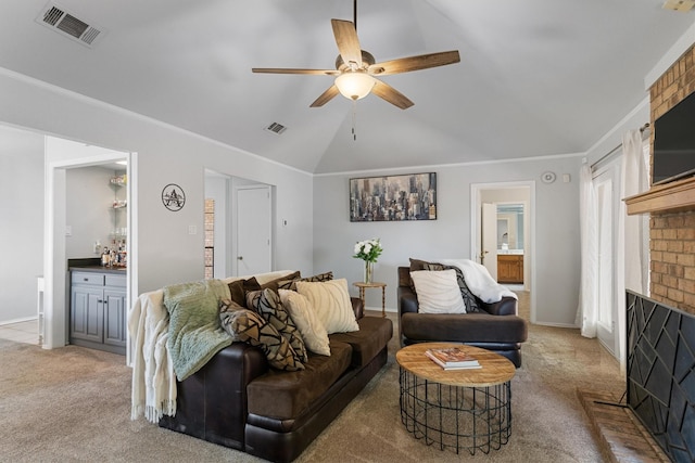 3410 Country Club Pl, Grand Prairie, TX 75052 - carpeted living area featuring a brick fireplace, a ceiling fan, lofted ceiling, and baseboards