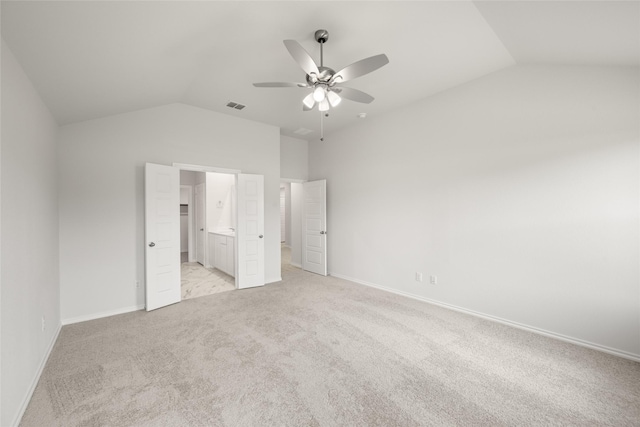 9332 Bali Dr, Fort Worth, TX 76123 - unfurnished bedroom featuring lofted ceiling, light colored carpet, baseboards, ensuite bathroom, and ceiling fan