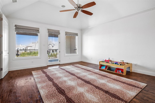 playroom featuring vaulted ceiling, ceiling fan, wood finished floors, and baseboards