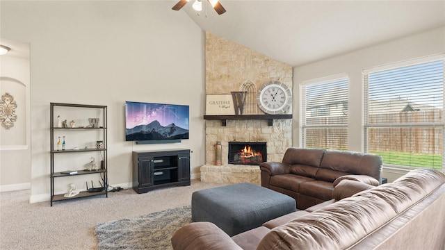 5100 Ambergate Ln, Sherman, TX 75092 - carpeted living room with a ceiling fan, a fireplace, baseboards, and high vaulted ceiling
