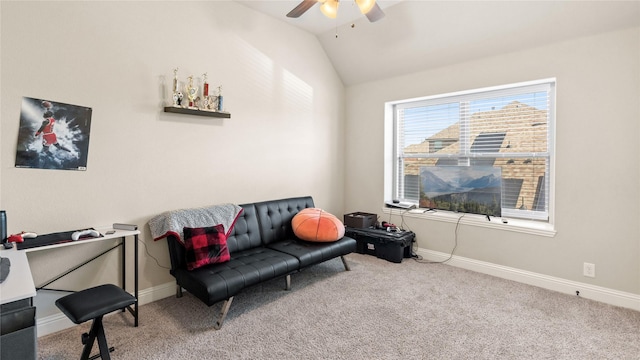 5100 Ambergate Ln, Sherman, TX 75092 - living area with a ceiling fan, carpet, lofted ceiling, and baseboards