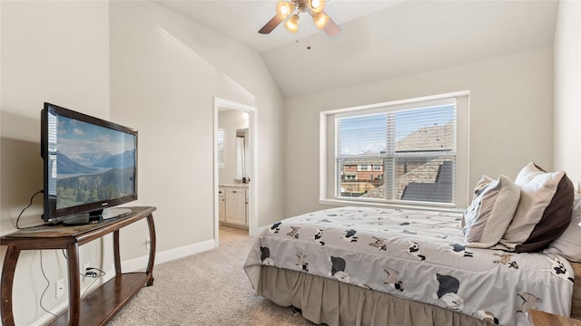 5100 Ambergate Ln, Sherman, TX 75092 - bedroom with light colored carpet, baseboards, vaulted ceiling, ceiling fan, and ensuite bath