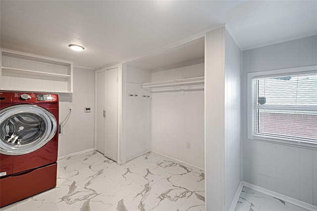 315 Westway Dr, Rockwall, TX 75087 - laundry area featuring baseboards, light marble finish floors, and washer / dryer