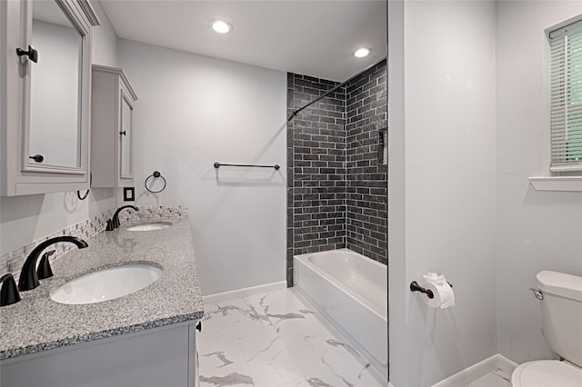 315 Westway Dr, Rockwall, TX 75087 - bathroom featuring toilet, baseboards, marble look tiles, shower / bath combination, and recessed lighting