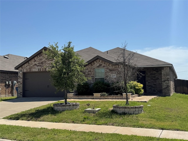 2419 Karnack Dr, Forney, TX 75126 - single story home featuring driveway, an attached garage, a front lawn, brick siding, and roof with shingles