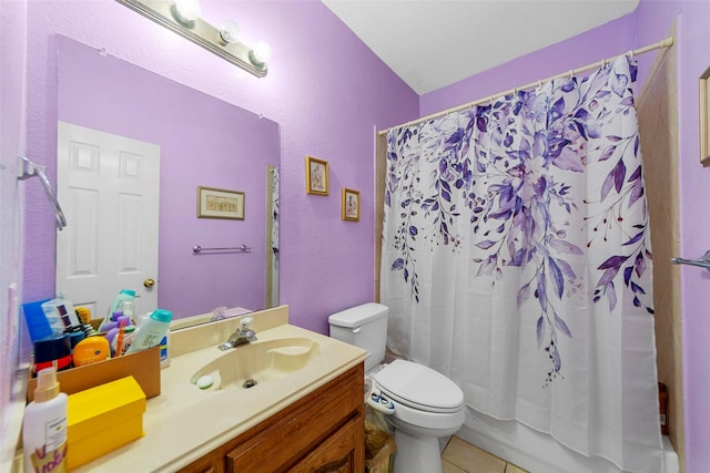 1409 Kingsley Dr, Allen, TX 75013 - full bath with tile patterned flooring, toilet, a textured wall, vanity, and shower / tub combo with curtain