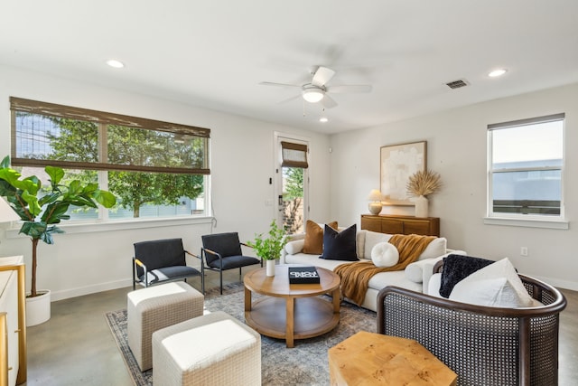 5420 Anita St, Dallas, TX 75206 - living room with baseboards, a ceiling fan, recessed lighting, and finished concrete flooring