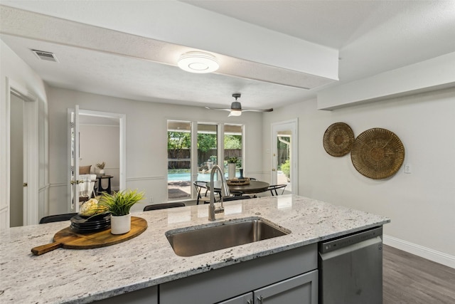 6908 Heatherknoll Dr, Dallas, TX 75248 - kitchen with dishwasher, a sink, gray cabinetry, a ceiling fan, and light stone countertops