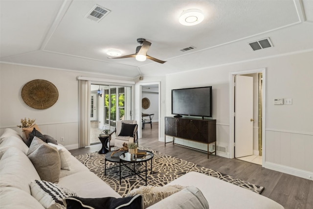 6908 Heatherknoll Dr, Dallas, TX 75248 - living room with wood finished floors, a ceiling fan, and a wainscoted wall