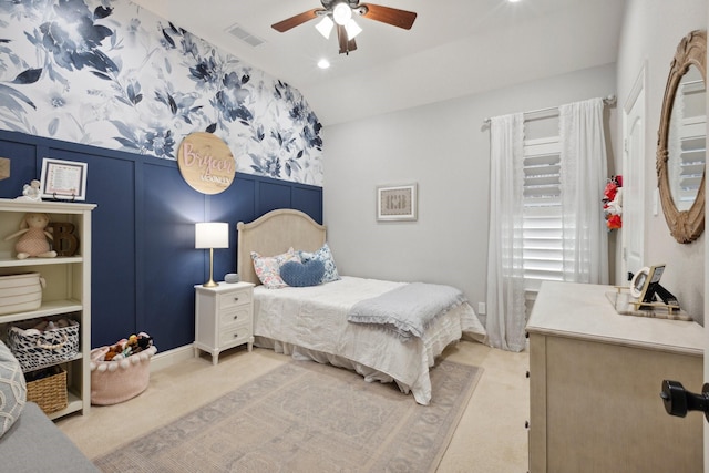 2512 Green Meadow Dr, Sachse, TX 75048 - bedroom with ceiling fan, light carpet, wallpapered walls, and recessed lighting