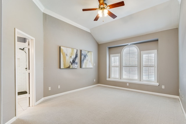 spare room featuring carpet flooring, baseboards, a ceiling fan, ornamental molding, and lofted ceiling