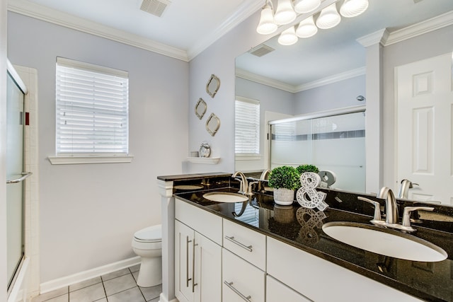 bathroom with an enclosed shower, toilet, tile patterned floors, baseboards, and ornamental molding