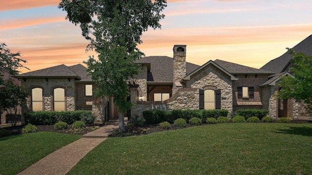 french country home with a lawn, a chimney, and stone siding