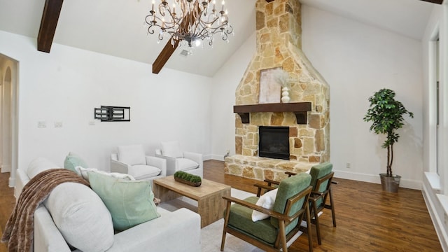 living room with beam ceiling, wood finished floors, baseboards, high vaulted ceiling, and a chandelier