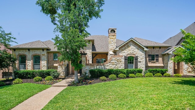 french country home featuring stone siding, a front yard, and a chimney