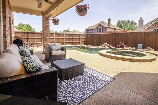 5315 Summit Knoll Trl, Sachse, TX 75048 - view of patio / terrace with an in-ground hot tub, a fenced backyard, and ceiling fan
