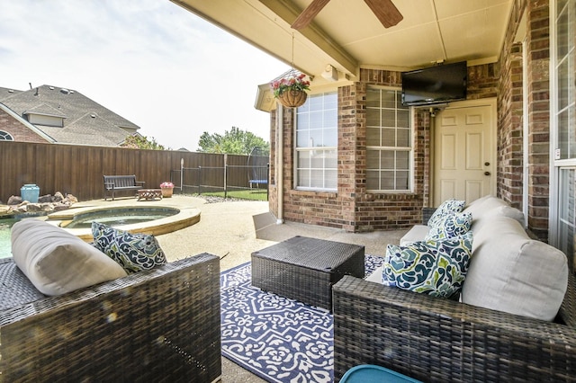 5315 Summit Knoll Trl, Sachse, TX 75048 - view of patio featuring a fenced backyard, a ceiling fan, an in-ground hot tub, and an outdoor living space
