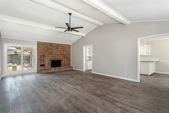 7102 Timberline Dr, Rowlett, TX 75089 - unfurnished living room featuring a ceiling fan, dark wood-style floors, baseboards, and a brick fireplace