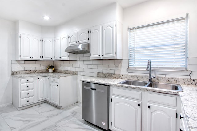 11521 Fernald Ave, Dallas, TX 75218 - kitchen featuring stainless steel dishwasher, a sink, under cabinet range hood, white cabinetry, and backsplash