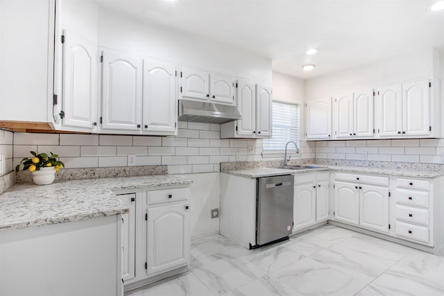 11521 Fernald Ave, Dallas, TX 75218 - kitchen featuring dishwasher, a sink, under cabinet range hood, light marble finish floors, and white cabinetry