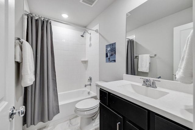 507 N Eagle Point Rd, Van Alstyne, TX 75495 - full bathroom featuring toilet, marble look tiles, shower / bath combo with shower curtain, vanity, and recessed lighting