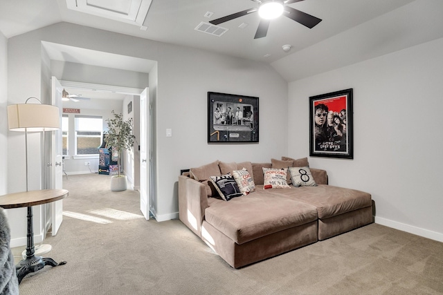 507 N Eagle Point Rd, Van Alstyne, TX 75495 - living area featuring a ceiling fan, light carpet, vaulted ceiling, and baseboards