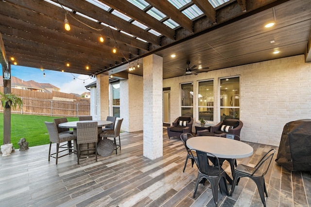 507 N Eagle Point Rd, Van Alstyne, TX 75495 - view of patio / terrace with outdoor dining area, a deck, a pergola, and a ceiling fan