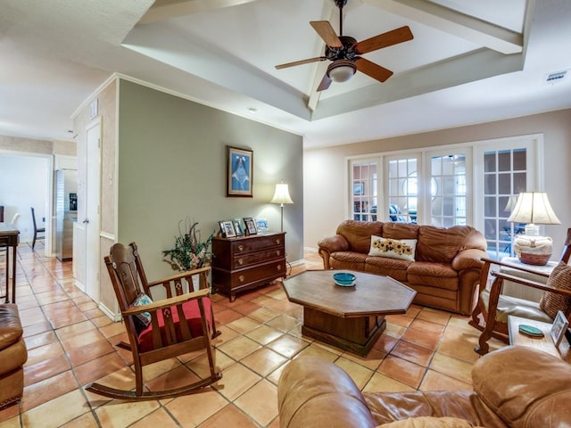 12151 Crestline Ave, Dallas, TX 75244 - living room with a raised ceiling, a ceiling fan, baseboards, and light tile patterned flooring