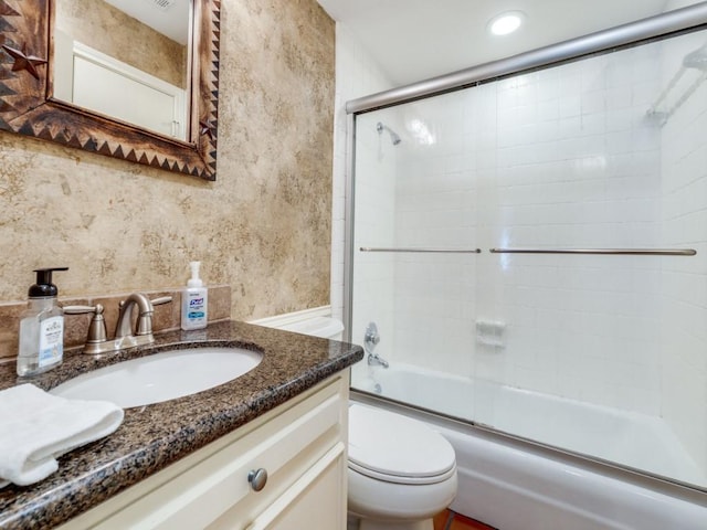 12151 Crestline Ave, Dallas, TX 75244 - bathroom with toilet, enclosed tub / shower combo, vanity, and recessed lighting