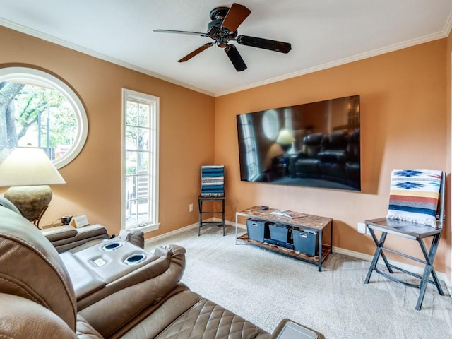 12151 Crestline Ave, Dallas, TX 75244 - living area featuring carpet, baseboards, a ceiling fan, and crown molding