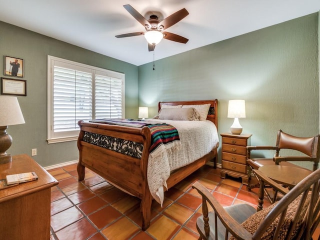 12151 Crestline Ave, Dallas, TX 75244 - bedroom with baseboards, tile patterned floors, and ceiling fan